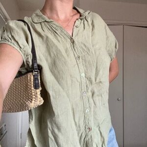Olive Green Button-Up 100% Linen Women's Top